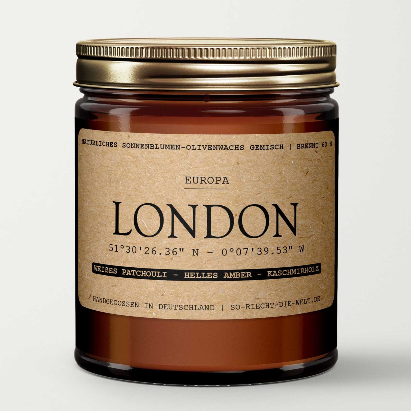 London Duftkerze - weißes Patchouli | helles Amber | Kaschmirholz