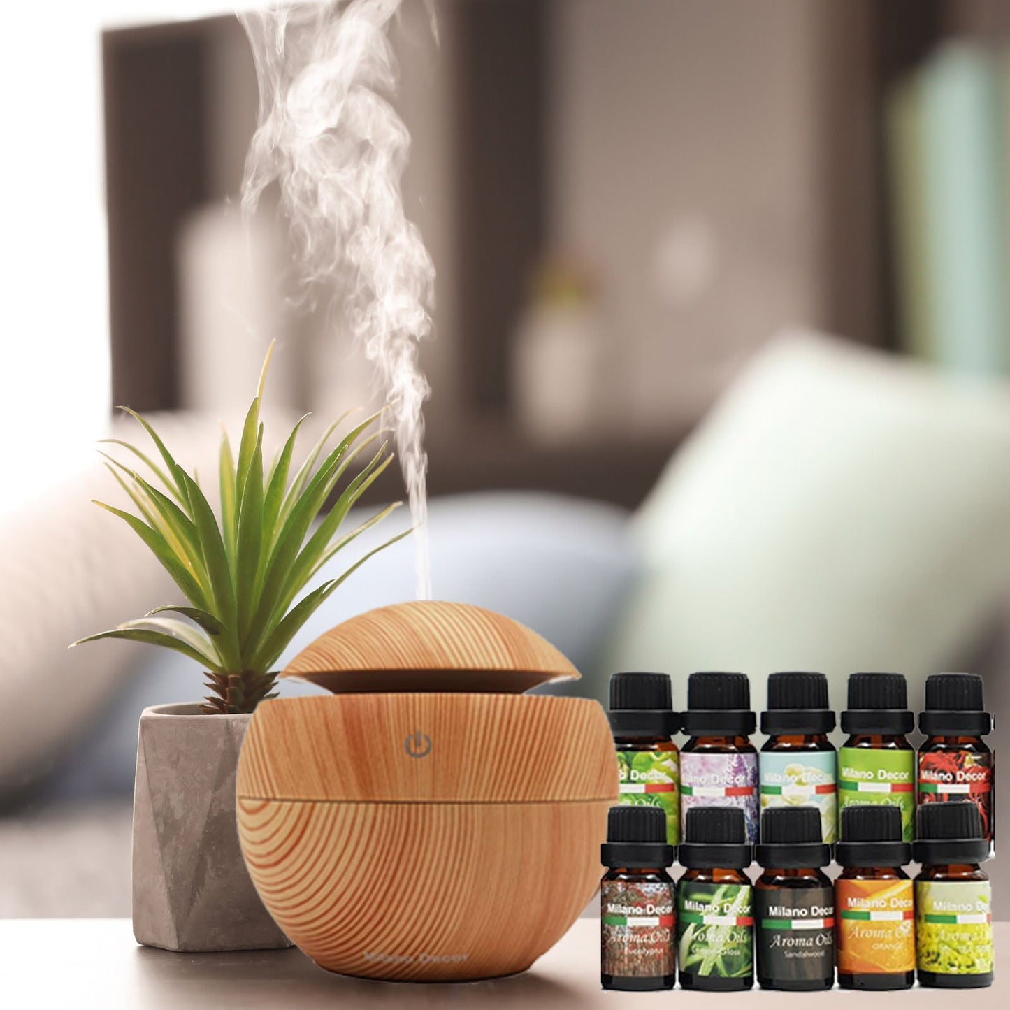 NNEDSZ Milano Ultrasonic USB Diffuser with 10 Aroma Oils Humidifier LED Light 130ml - Light Wood