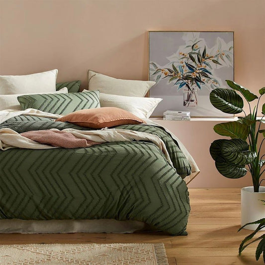 NNEDSZ Tufted Boho Wave Quilt Cover Set- Dark Green - Queen Size