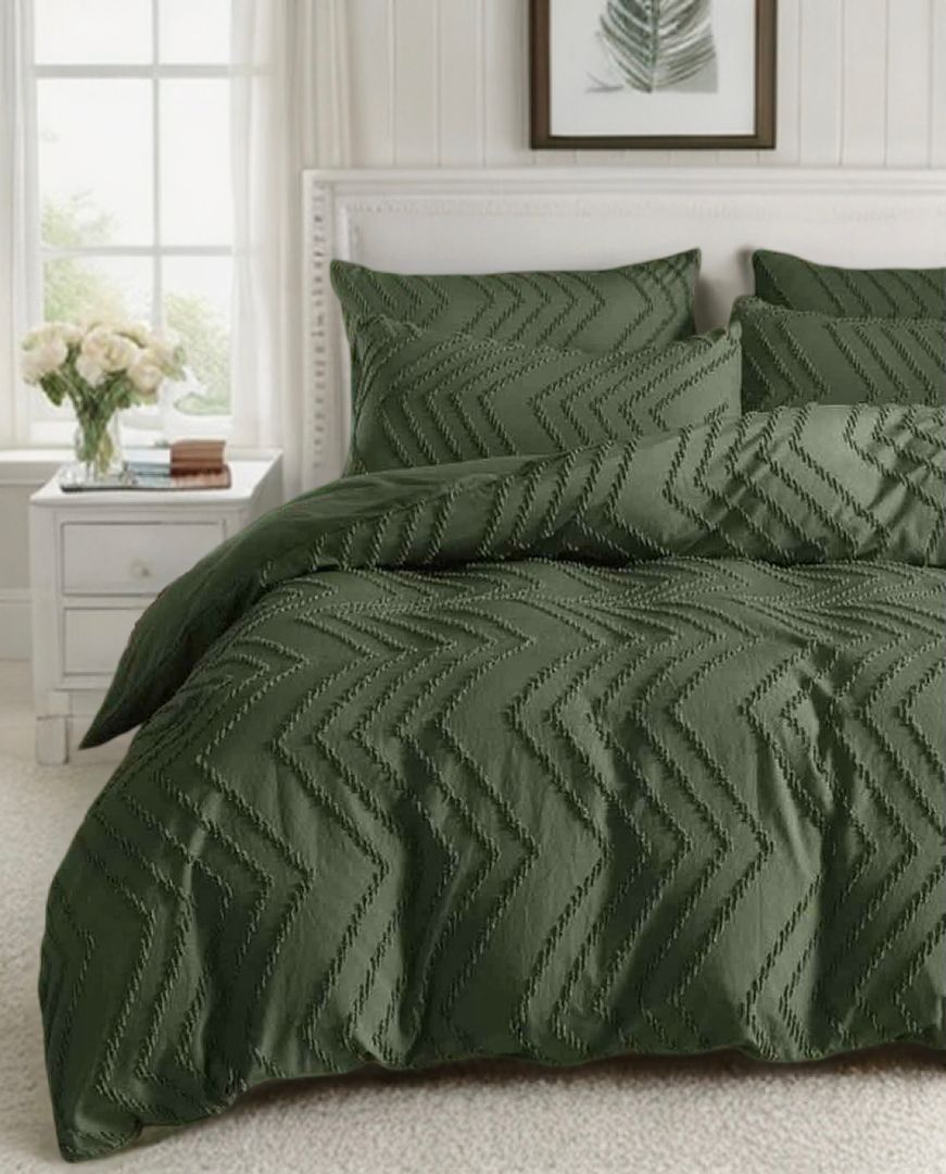 NNEDSZ Tufted Boho Wave Quilt Cover Set- Dark Green - Queen Size