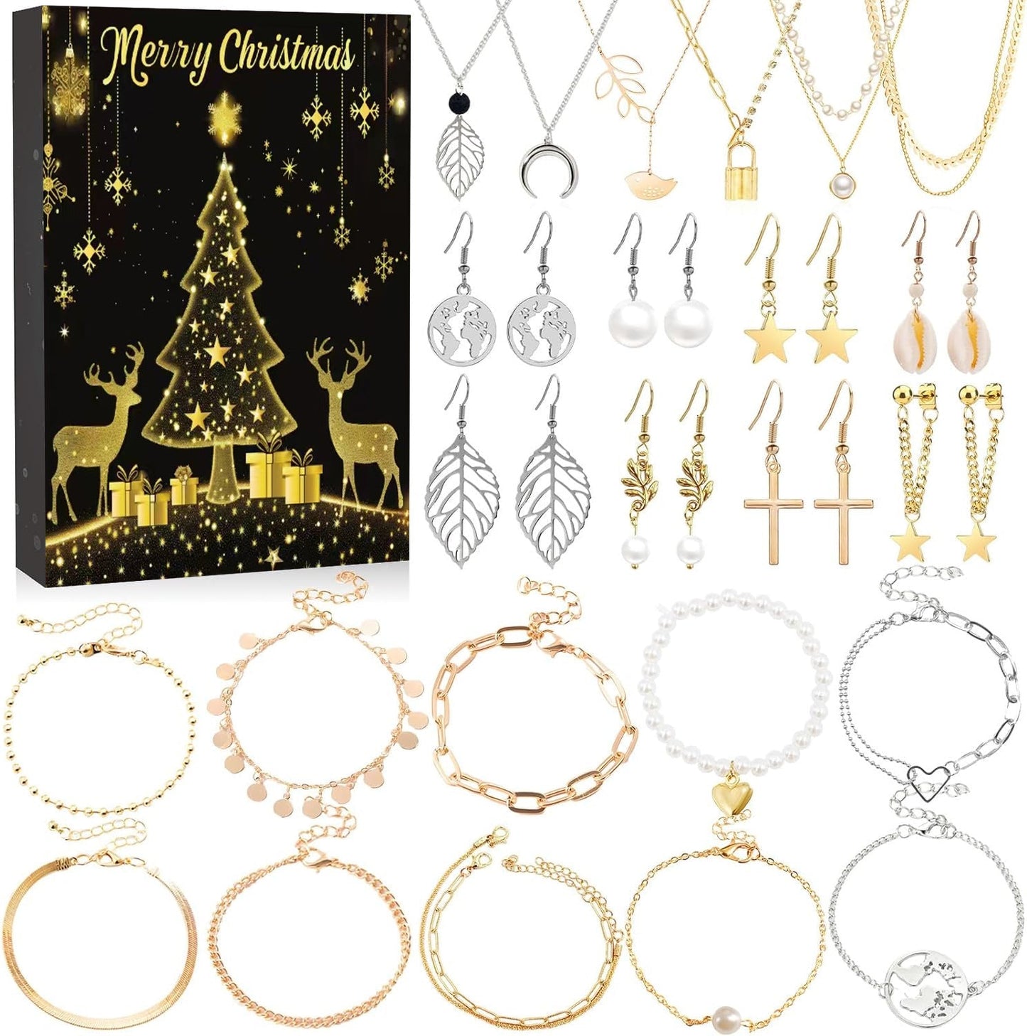 Eleganter Schmuck Adventskalender – Halsketten, Ohrringe & Armbänder Geschenkset