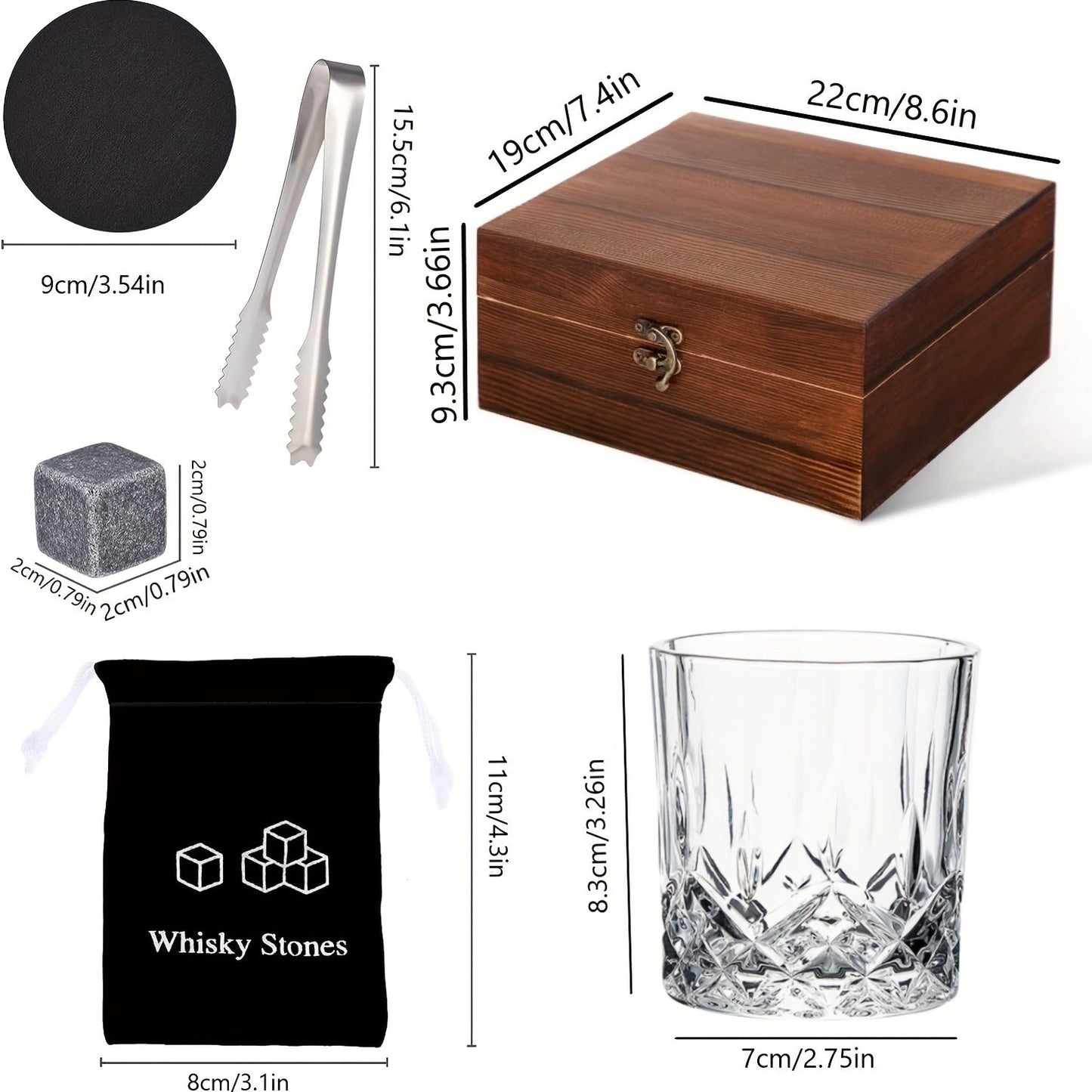 Whiskeyglas Geschenkset mit Kühlsteinen & Zange