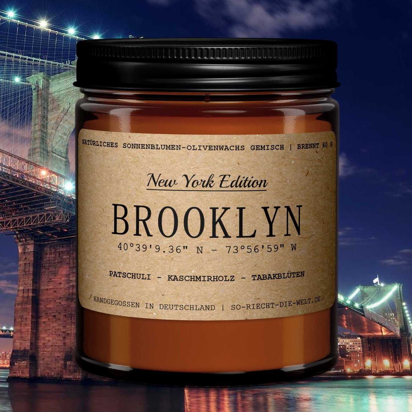 Brooklyn Duftkerze - New York Edition - Patschuli | Kaschmierholz | Tabakblüten-0