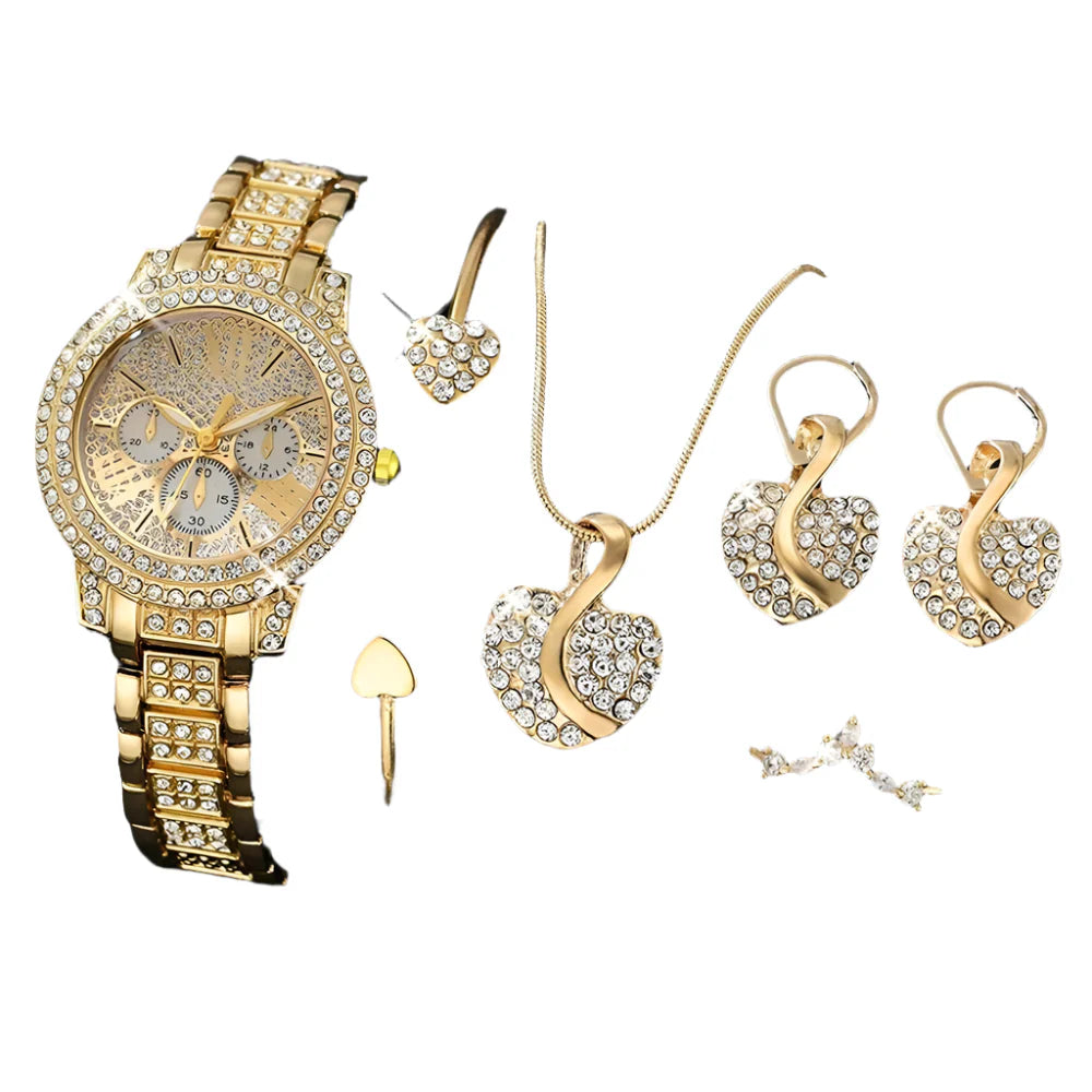 Damen Gold Quarz Uhren- & Schmuckset – Zeitlose Eleganz