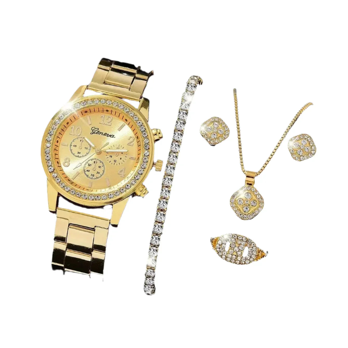 Damen Luxus Gold Uhr & Schmuckset (5-teilig) – Glanzvoll & Elegant