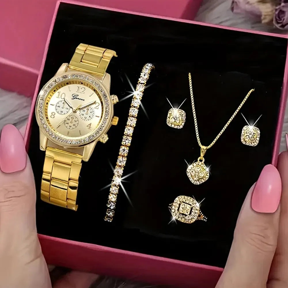 Damen Luxus Gold Uhr & Schmuckset (5-teilig) – Glanzvoll & Elegant