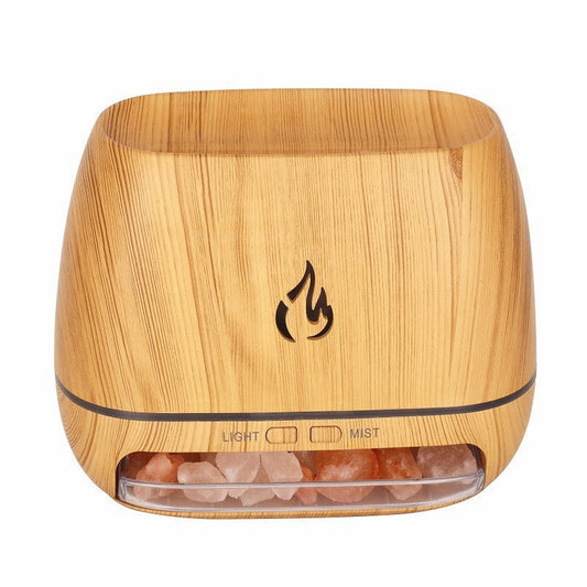 NNEDSZ Wood Grain Color Himalayan Salt Flame Aroma Diffuser - 250ml Ultrasonic Humidifier with 7-Color LED Light for Relaxation and Decor