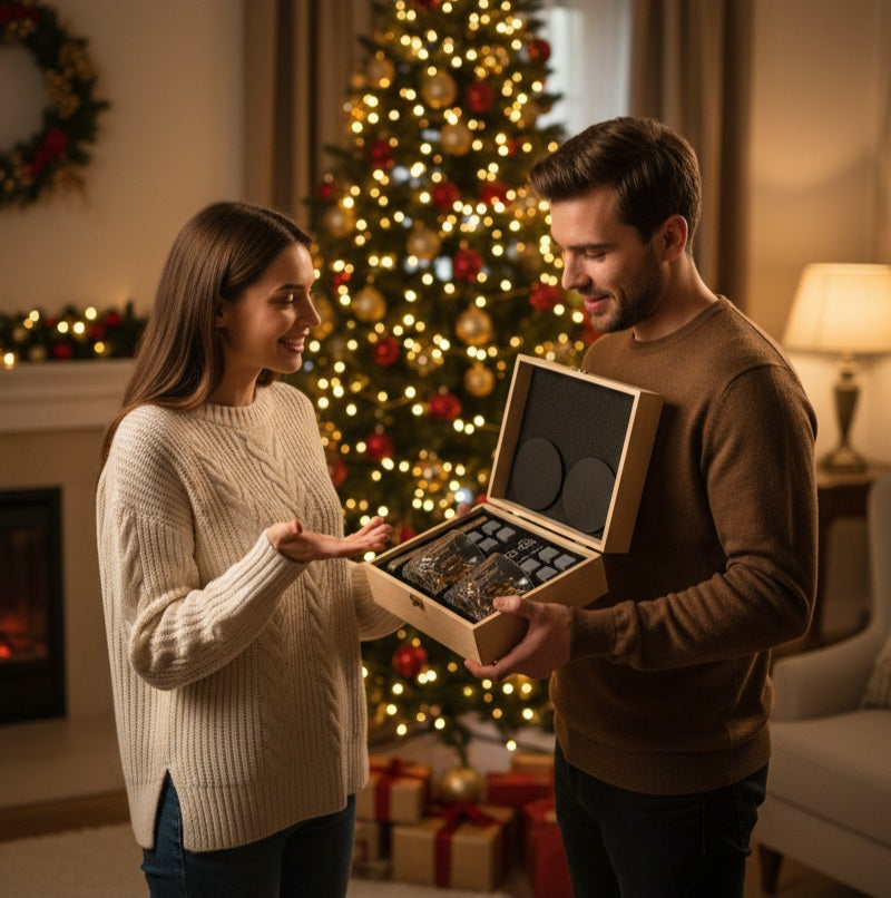 Whiskeyglas Geschenkset mit Kühlsteinen & Zange