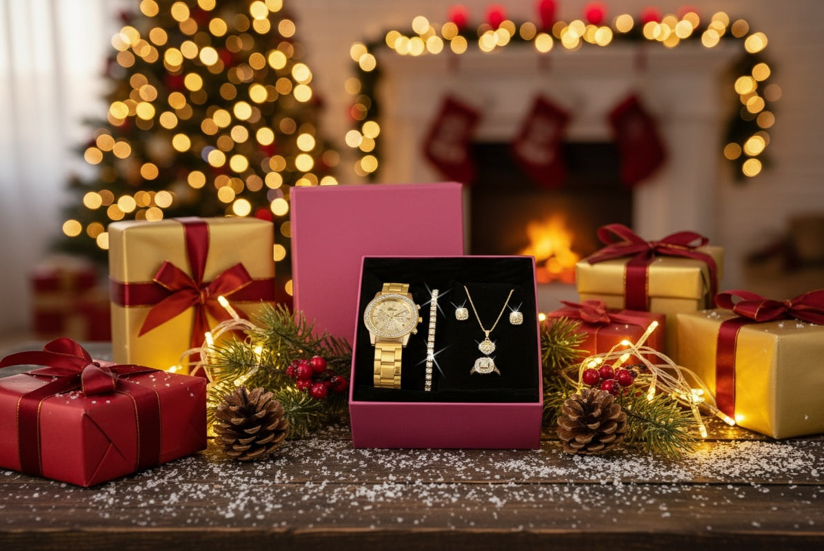 Damen Luxus Gold Uhr & Schmuckset (5-teilig) – Glanzvoll & Elegant