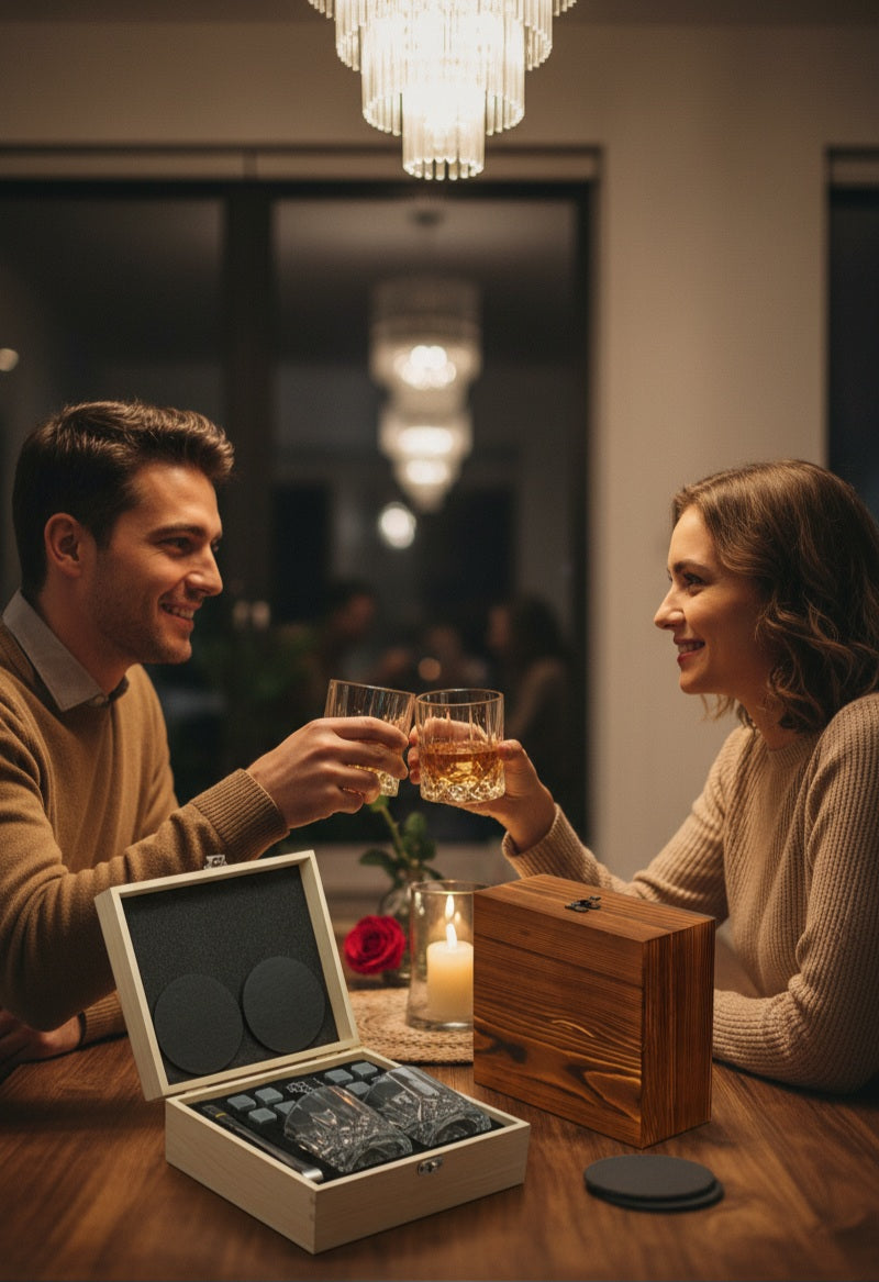Whiskeyglas Geschenkset mit Kühlsteinen & Zange
